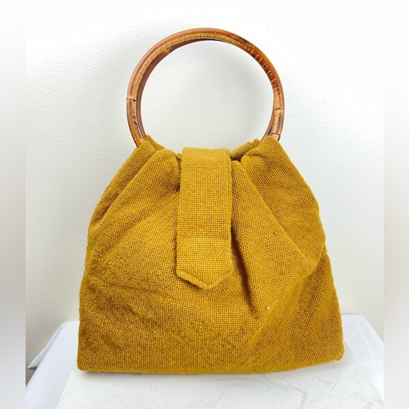 Vintage Mustard Woven Wool Bag w/ Bamboo Handles Berea College Handmade - Picture 1 of 6
